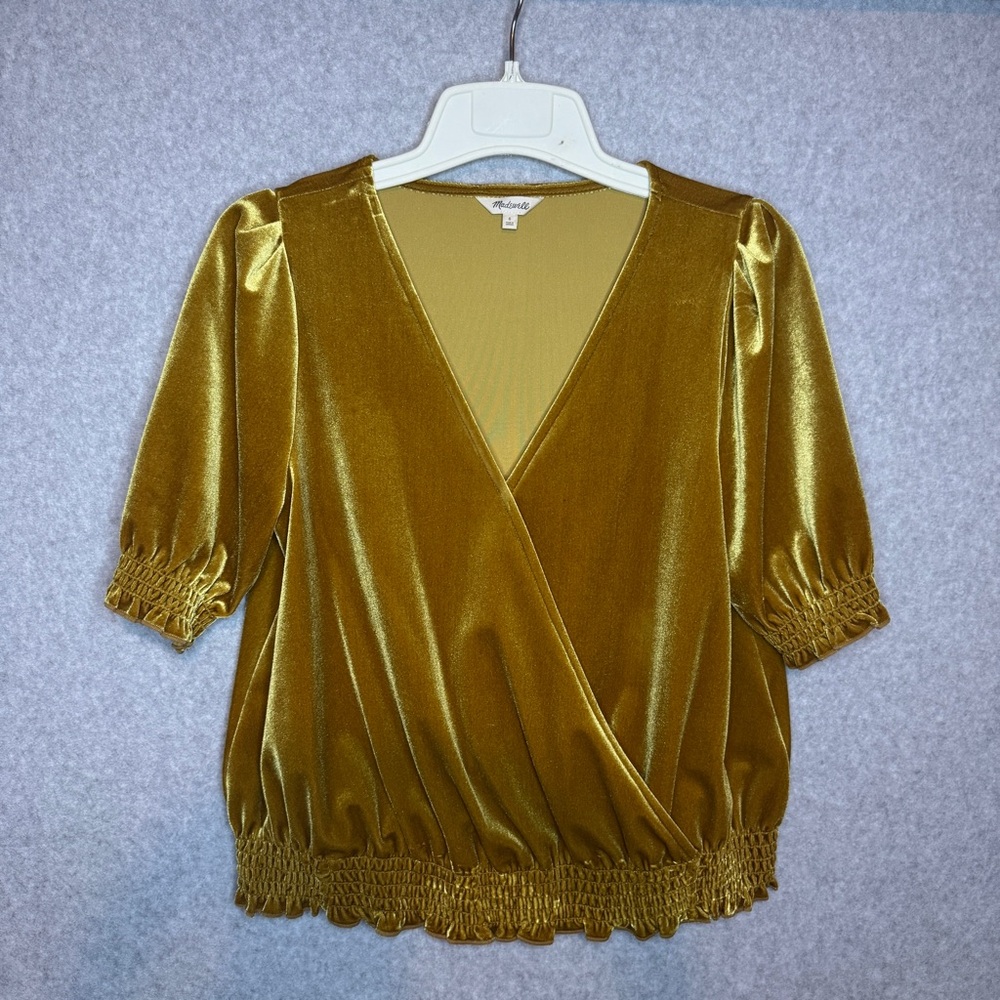 Madewell Velvet Smocked Crossover Top‎ - Size Small - Antique Gold